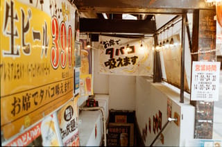 生ビールの看板が並ぶ地下居酒屋の入口をKODACOLOR 100 35mmフィルムで撮影した写真